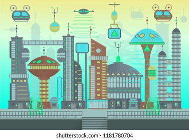 Futuristic city in flat cartoon design style. Panorama of a modern city with modern buildings and futuristic traffic. Vector illustration for games.