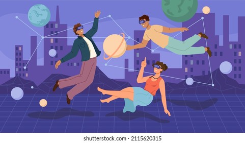 Futuristic City From Future, Concept With Town And Skyscrapers And Citizens. Vector People With Planets And Celestial Bodies Floating In Space Wearing Vr Glasses. Flat Cartoon Character