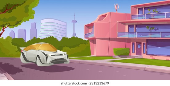 A futuristic city of the future, a flying electric car, modular houses made of composite materials, a wind generator. Suburban area, skyscrapers on the horizon. Sci-fi cartoon. Vector illustration.