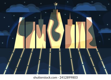 Futuristic City with glowing buildings on dark background. Future Geometrical City. Surrealistic urban landscape with shine elements. Vector illustration for web. EPS 10