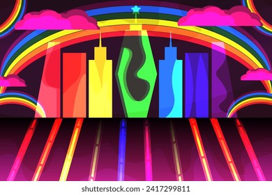 Futuristic City with glowing buildings on Rainbow background. Future Geometrical LGBTQ+ City. Surrealistic urban landscape with shine elements. Vector illustration for web. Pride Month banner. EPS 10