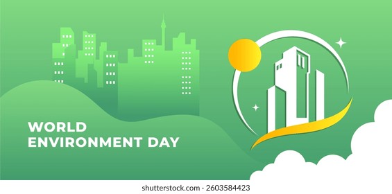 A futuristic city illustration celebrating World Environment Day with a green urban skyline, modern buildings, and eco-friendly themes, promoting sustainability and environmental awareness