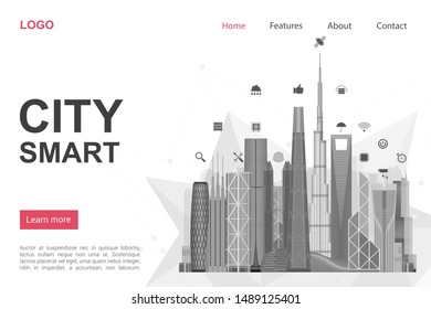 Futuristic city landing page vector template. Modern smart technology website homepage interface idea with monochrome vector illustration. Urban internet network, IOT web banner flat concept