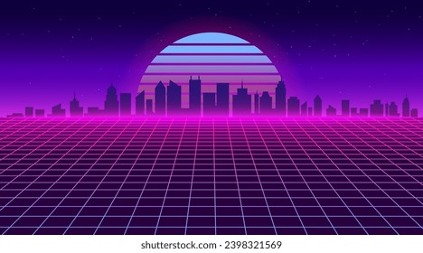 Futuristic city landscape. Retro 80s grid background with skyscrapers. 1980s neon game wireframe wallpaper. Sunset city backdrop with building silhouettes. Vector illustration. Town with skyscrapers