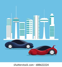 futuristic city landscape silhouette with colorful set of sport vehicles