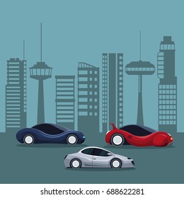futuristic city landscape silhouette with colorful set of sport and modern cars