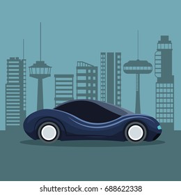 futuristic city landscape silhouette with colorful sport dark blue modern car