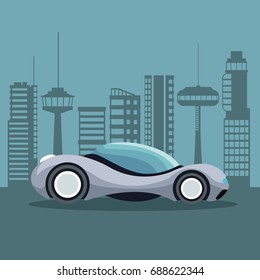 futuristic city landscape silhouette with colorful sport gray modern car