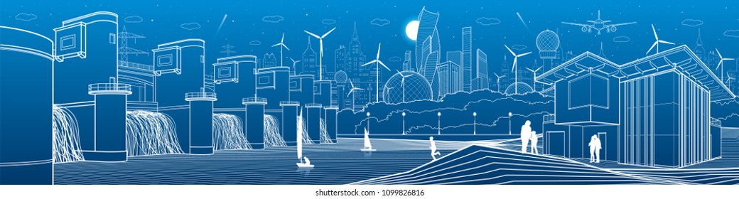 Futuristic City life infrastructure. Industrial energy illustration panorama. Hydro power plant. River Dam. People walking. Modern houses. Airplane fly. White lines, blue background. Vector design art