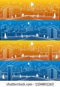 Futuristic City life infrastructure panorama set. Industrial energy illustration. Hydro power plant. River Dam. Big bridge. People walking. Modern houses. Airplane fly. White lines. Vector design art