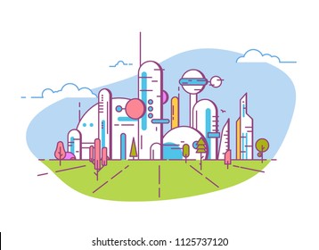 Futuristic city line style banner. Future society. White buildings and skyscrapers, big windows. Blue sky with white clouds and field or park with trees and grass. Eco friendly futuristic megapolis.