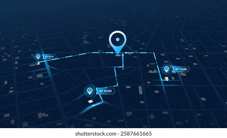 Futuristic city map with GPS navigation route, multiple location markers, arrival times. Urban landscape with paths and destination pins. Vector illustration for navigation tracking