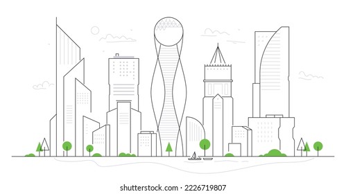 Futuristic city - modern thin line design style vector illustration on white background. Composition with facade of urban buildings, river with boat, park area with trees and landmarks silhouette