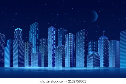 Ciudad futurista. El paisaje arquitectónico neón con el horizonte en la oscuridad. Concepto de rascacielos urbanos nocturnos 3d. Silhouettes de construcción de luces, fondo vectorial exacto