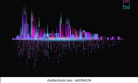 Futuristic city in neon lights. Retro Style 80s. Night city. Creative idea. Design background.