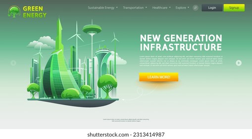 Futuristic City New Generation Infrastructure Website Template. Green renewable energy, advanced technology, high-rise buildings and the high quality of life of life for its residents.