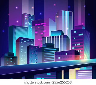 Futuristic city. Night cityscape. Future town. Automobile bridge and downtown skyscrapers. Glowing neon buildings. Urban architecture. Cyberpunk skyline. Modern street. Vector landscape background