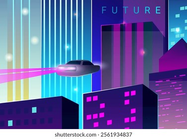 Futuristic city. Night cityscape. Future town. Car fly traffic. Automobile levitation. Downtown skyscrapers. Glowing neon buildings. Urban architecture. Cyberpunk skyline. Vector landscape background