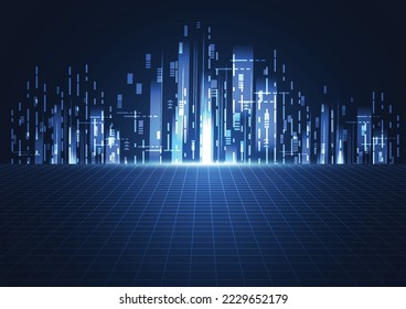 Futuristic city on dark blue background with Technology glowing neon. Vector illustration