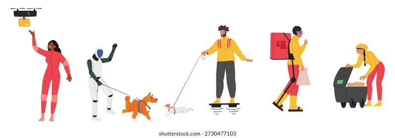 Gente de la ciudad futurista, asistente de robot, repartidor varias actividades aisladas sobre fondo blanco. Ciudadanos que utilizan el gadget y el dispositivo inteligentes, Ilustración vectorial robótica del perro que camina del dueño de la mascota