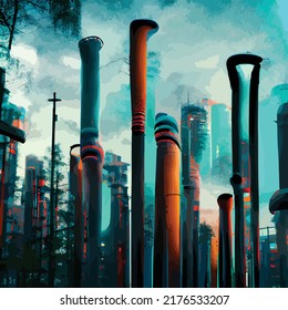 Futuristic City of pipes architecture concept art illustration