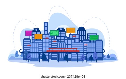 Futuristic city powered by AI technology vector illustration. Modern cityscape with smart skyscrapers, automated vehicles, glowing sign boards. Artificial intelligence, infrastructure concept