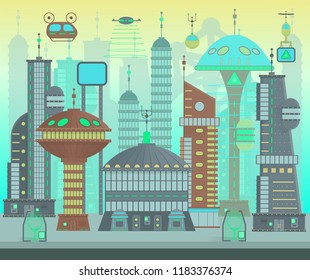 Futuristic city set in flat cartoon design style. Panorama of a modern city with modern buildings and futuristic traffic: skyscrapers, flying cars and drones. Vector elements for 2D games.