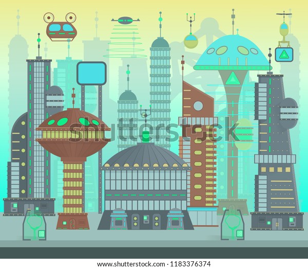 Futuristic\
city set in flat cartoon design style. Panorama of a modern city\
with modern buildings and futuristic traffic: skyscrapers, flying\
cars and drones. Vector elements for 2D\
games.