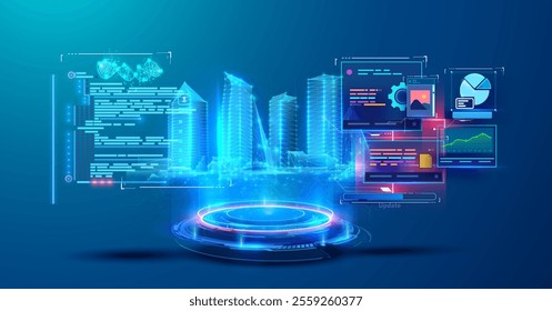 A futuristic city skyline is displayed with glowing buildings and overlaying digital screens showing various data analytics and graphs, emphasizing innovation and technology. Vector illustration