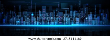 Futuristic city skyline with glowing digital network and neon lights. Abstract tech background with smart buildings, data visualization, cyberpunk architecture and blue holographic city elements.