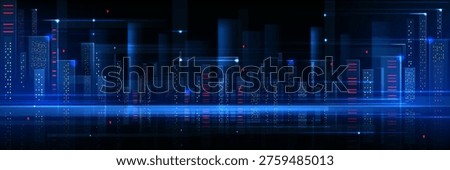 Futuristic city skyline with glowing digital network and neon lights. Abstract tech background with smart buildings, data visualization, cyberpunk architecture and blue holographic city elements.