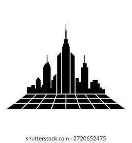 Horizonte futurista de la ciudad en un piso de cuadrícula de perspectiva que representa la realidad virtual y el diseño de Ilustración vectorial de silueta digital metaversa