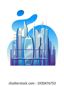 Futuristic City skyscrapers at dawn. Vector illustration in blue colors.