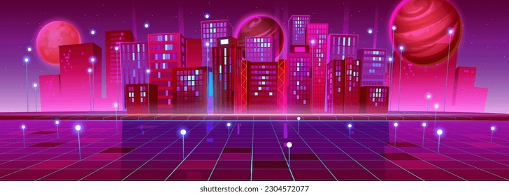 Ciudad futurista con rascacielos y red de comunicación global. Ilustración vectorial contemporánea de edificios modernos, estrellas de neón y planetas en el cielo nocturno, sistema de conexión mundial virtual, ciberespacio