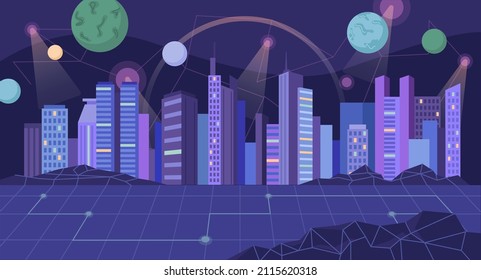 Futuristic city with skyscrapers, modern architecture and facades of buildings. Vector planets and celestial bodies in metaverse universe. Skyline with glowing effects. Virtual augmented reality