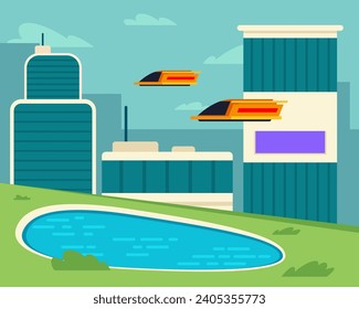 Futuristic city with skyscrapers, modern buildings, lake and modern means of transport. Vector illustration. Poster design. Scifi, cityscape concept