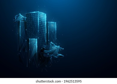 Futuristic city. Smart city. Environment and Ecology concept. Low poly, geometric, wire, Particles, lines, and triangles outline. Vector illustration