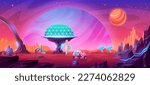 Futuristic city under glass dome on alien planet. Vector cartoon illustration of modern rover, solar panels and space buildings on red rocky landscape. Fantasy science and tecnhology cosmic station