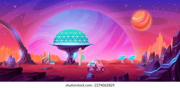 Futuristic city under glass dome on alien planet. Vector cartoon illustration of modern rover, solar panels and space buildings on red rocky landscape. Fantasy science and tecnhology cosmic station