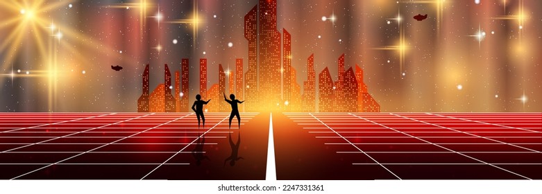 Futuristic city vector concept illustration. Future town silhouette on sky background. Web banner, header design template