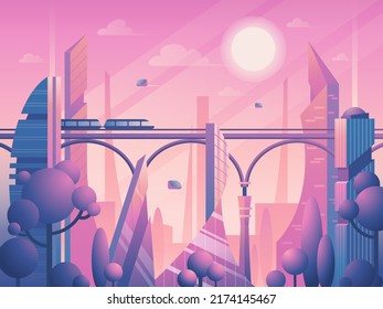 Futuristic cityscape. City at sunset. Vector illustration