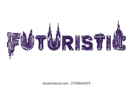 Futuristic cityscape design with purple text and skyscrapers illustration