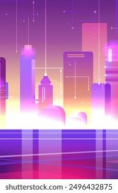 Futuristic cityscape digital technology buildings gradient colors abstract background