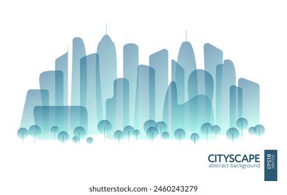 Futuristic cityscape flat art illustration. Overlay future city panorama. Abstract town landscape. Urban skyline with downtown skyscrapers, office buildings, park. Modern architectural exterior