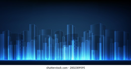 Futuristic cityscape in glowing blue modern building of smart city.Smart life and living concept.Vector illustration.