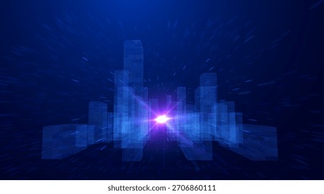 Paisaje urbano futurista con fondo de Vector de flujo de datos violeta azul brillante. Fondo de la metrópoli Cyberpunk con red digital. Concepto de tecnología de IA y big data. Paisaje urbano de tecnología de neón
