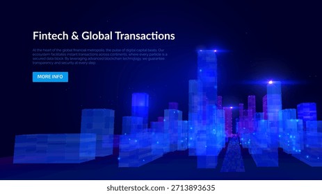 Paisaje urbano futurista con fondo de Vector de flujo de datos violeta azul brillante. Fondo de la metrópoli Cyberpunk con red digital. Concepto de tecnología de IA y big data. Paisaje urbano de tecnología de neón
