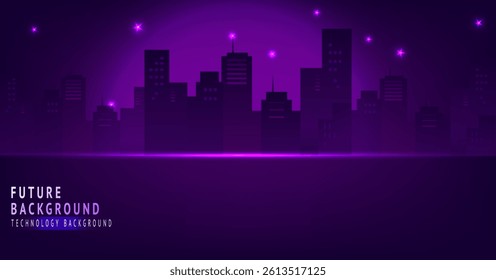 A Futuristic cityscape with glowing purple lights, modern skyscrapers, and starry night sky, creating vibrant and technological atmosphere. digital technology background
