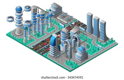 Futuristic Cityscape Isometric Template With Buildings Of Future Road Car And Trees Vector Illustration