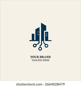 Um logotipo de paisagem urbana futurista com linhas de circuito representando infraestrutura inteligente e integração de tecnologia urbana — ideal para plataformas de cidade inteligente.